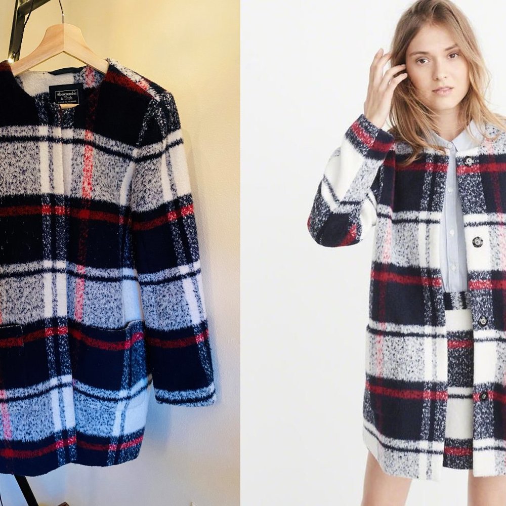 (US 4/S) Abercrombie Collarless Wool-Blend Coat in Plaid, Lightly Worn